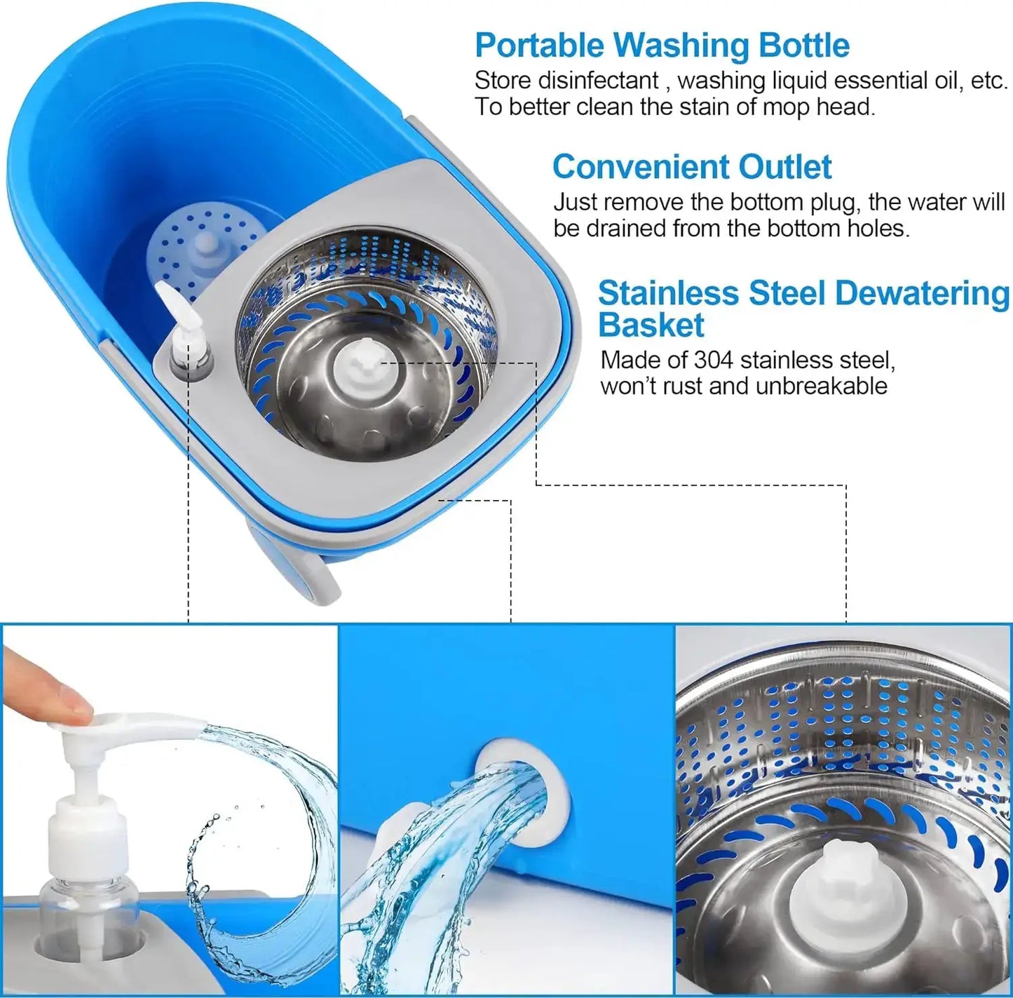 Blue Spin Mop Bucket Sets 360° Spinning Cleaning Tools with 3 Microfiber Replacement Heads, 61" Extended Handle Household Item from PriceLows™