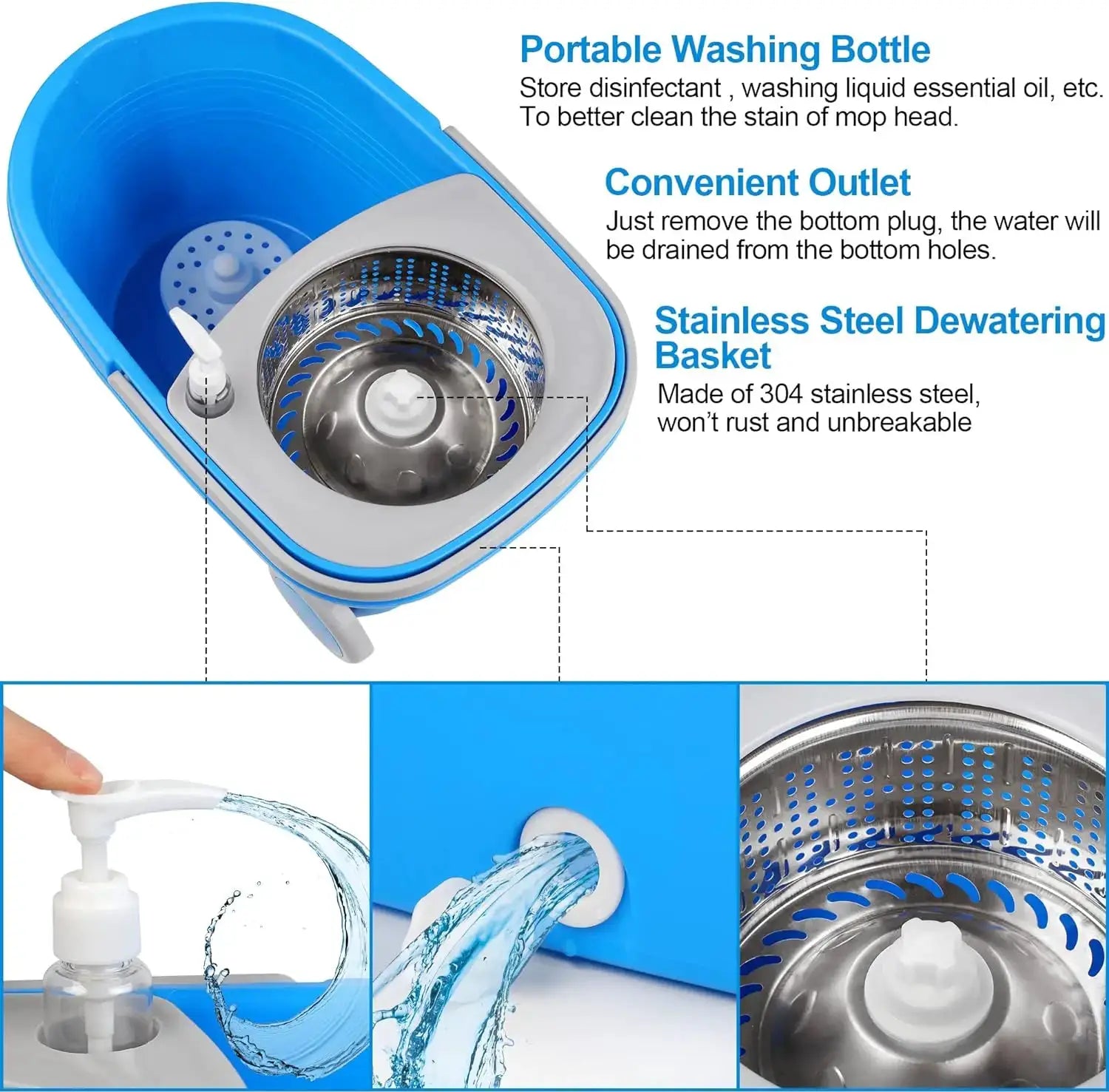 Blue Spin Mop Bucket Sets 360° Spinning Cleaning Tools with 3 Microfiber Replacement Heads, 61" Extended Handle Household Item from PriceLows™