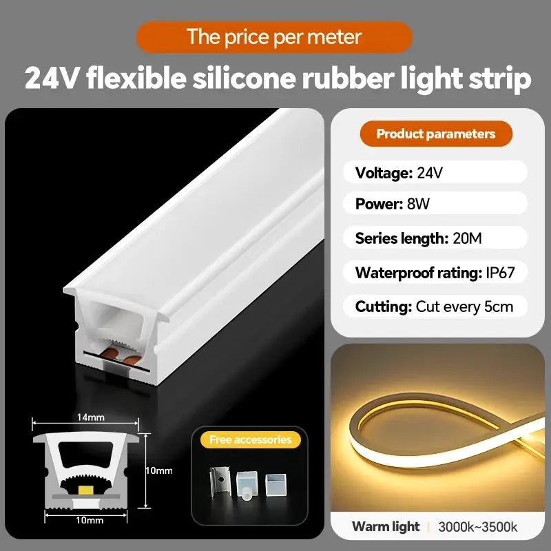 24VLED Silicone Light Strip Sleeve Outdoor Waterproof Linear Light Open Hidden Embedded Flexible Bendable Shaped Light Strip from PriceLows™