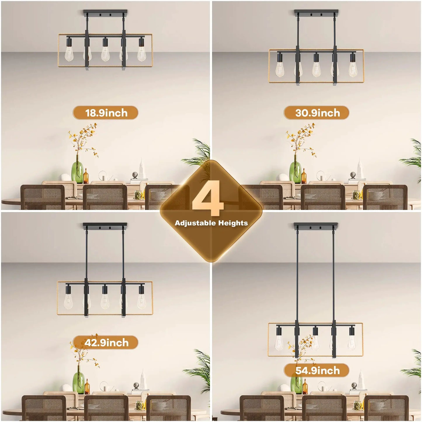 5 Lights Celling Light Fixture Rattan Pendant Height Adjustable Indoor Lighting for Farmhouse Dining Room Kitchen Home Decor from PriceLows™