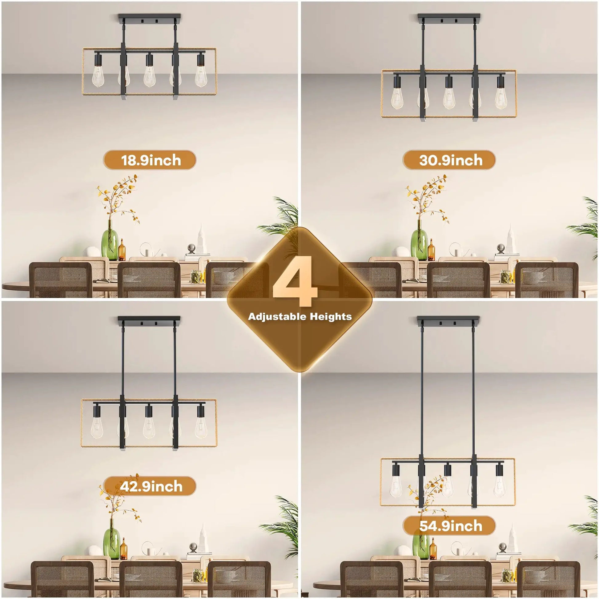 5 Lights Celling Light Fixture Rattan Pendant Height Adjustable Indoor Lighting for Farmhouse Dining Room Kitchen Home Decor from PriceLows™