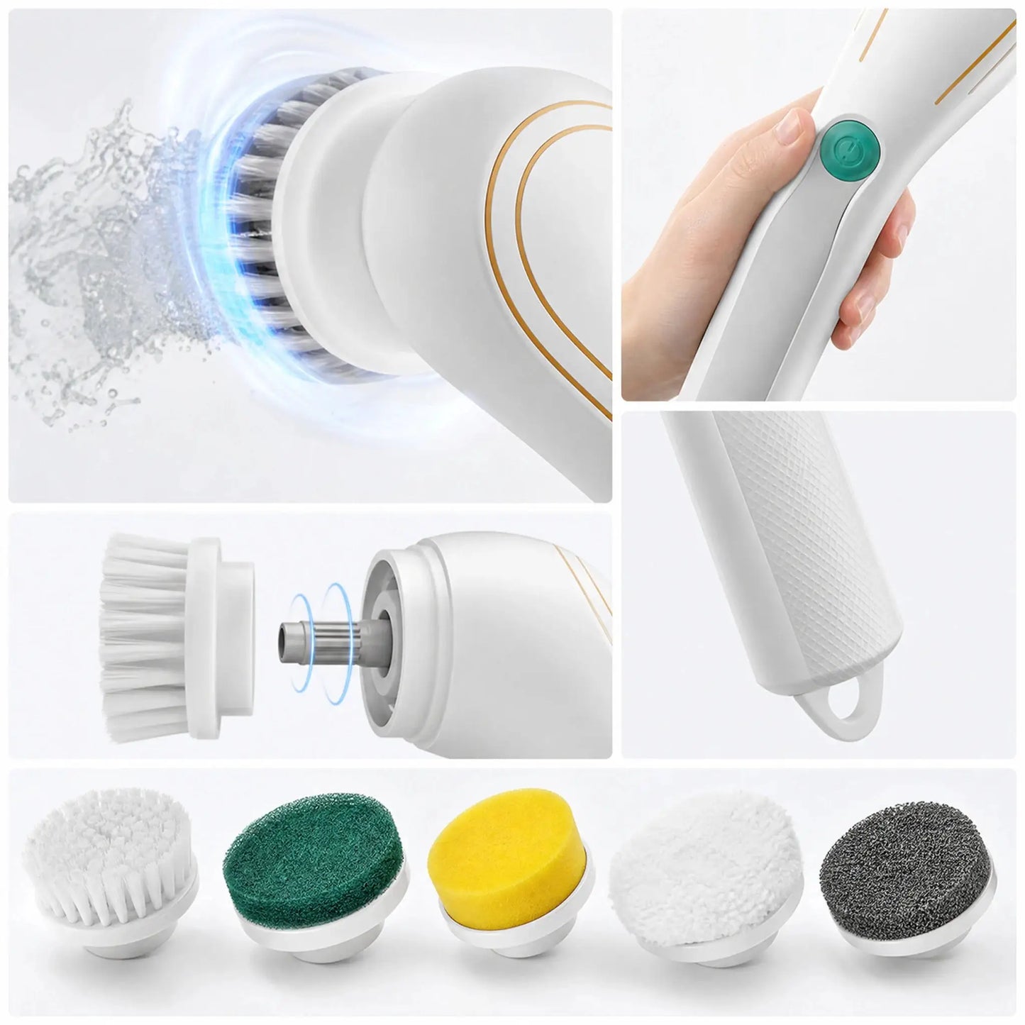 Electric Spin Scrubber | Cordless Design | Five Head Set | Compact Size