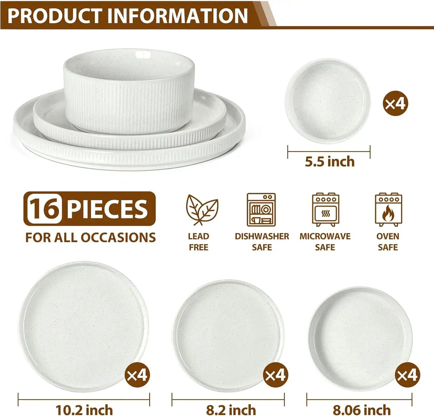 Dinnerware Sets with Pasta Bowls for 4, 16 Piece Stoneware Plates and Bowls Set, Speckled White from PriceLows™