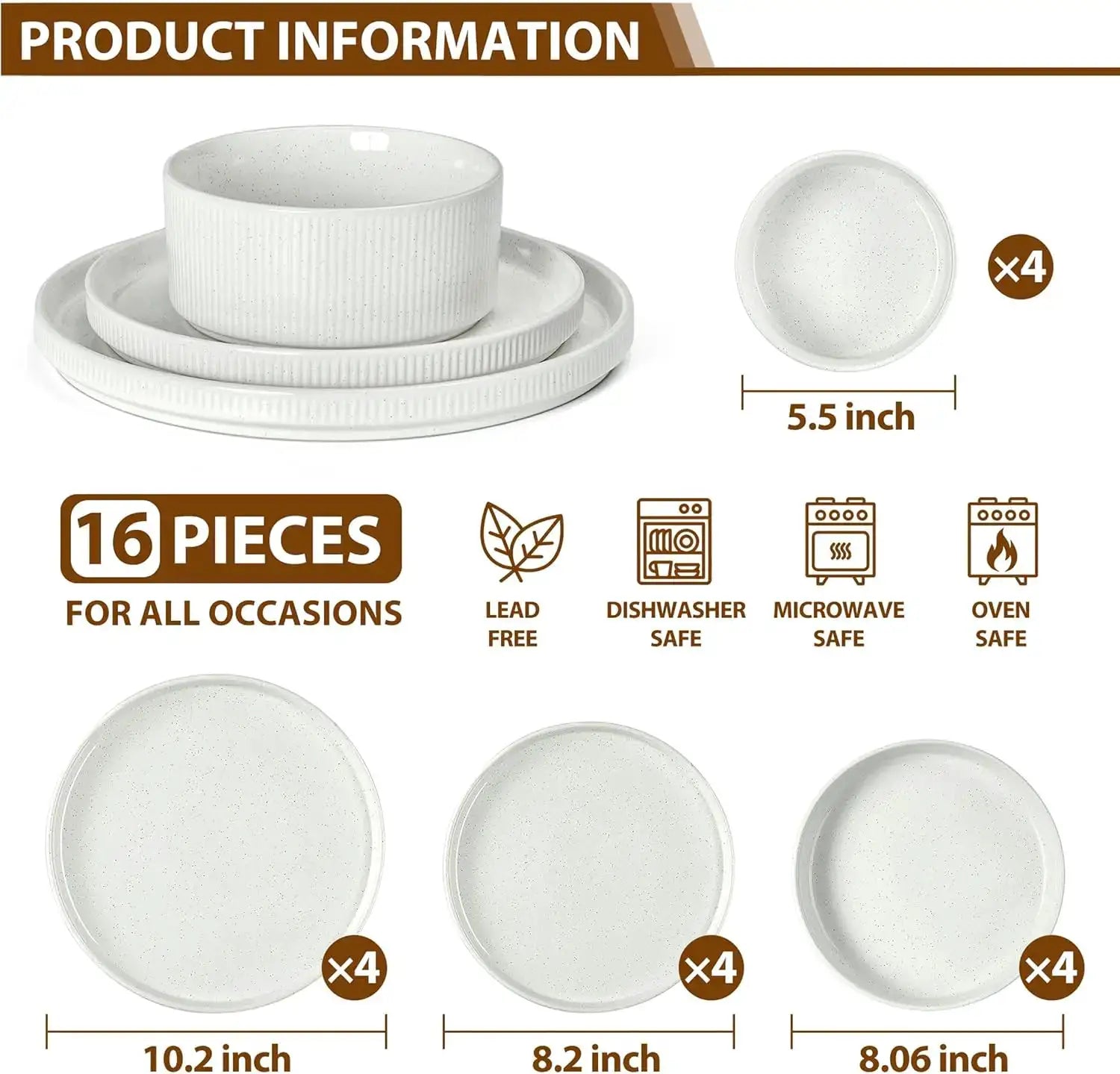 Dinnerware Sets with Pasta Bowls for 4, 16 Piece Stoneware Plates and Bowls Set, Speckled White from PriceLows™