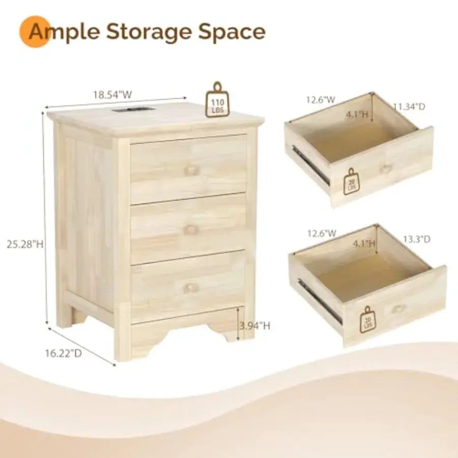 Unfinished Solid Wood Nightstand 18.54 W with Charging Station and Drawers Natural Wood Bed Side Table for Bedroom DIY Color Cu from PriceLows™