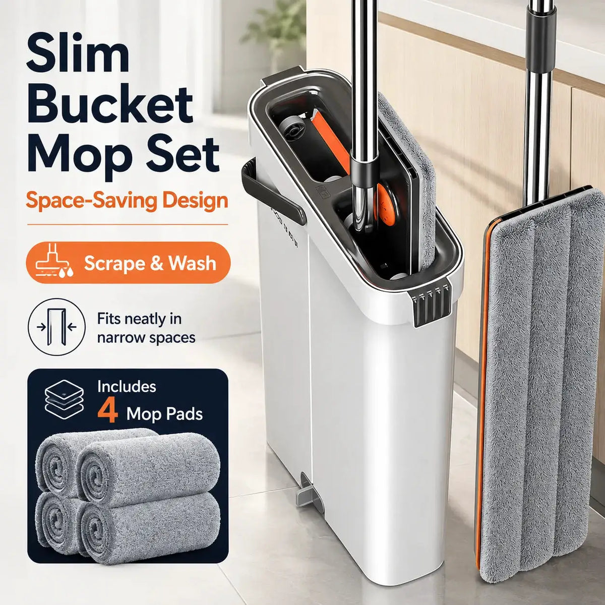 Slim Flat Mop | Self Wringing | 2 Washable Pads | 5.3 Inches