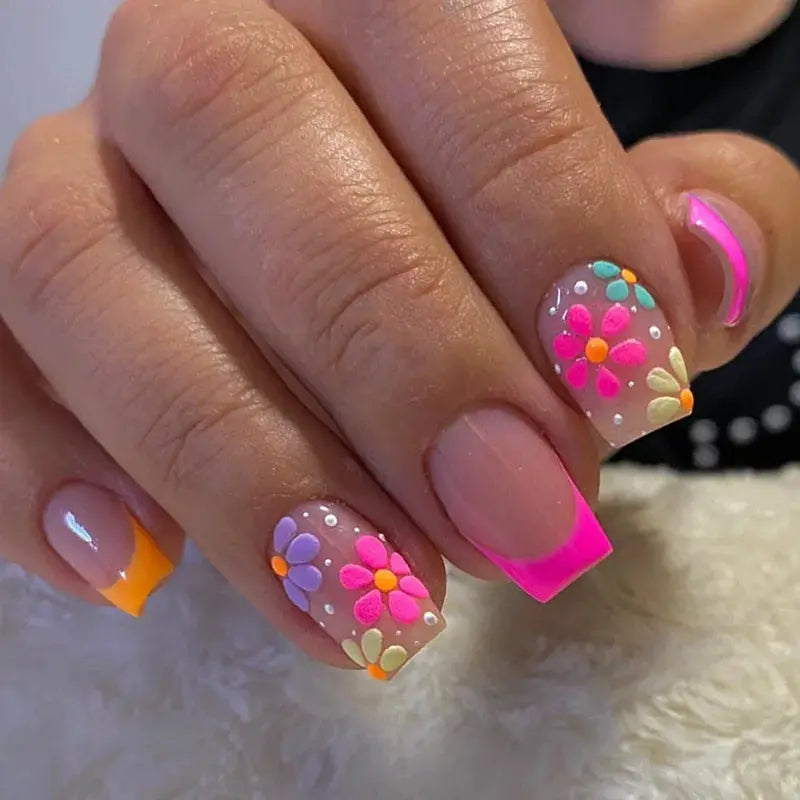 Short Almond Press On Nails | Pink Floral French | Reusable Full Cover | 24 Pcs