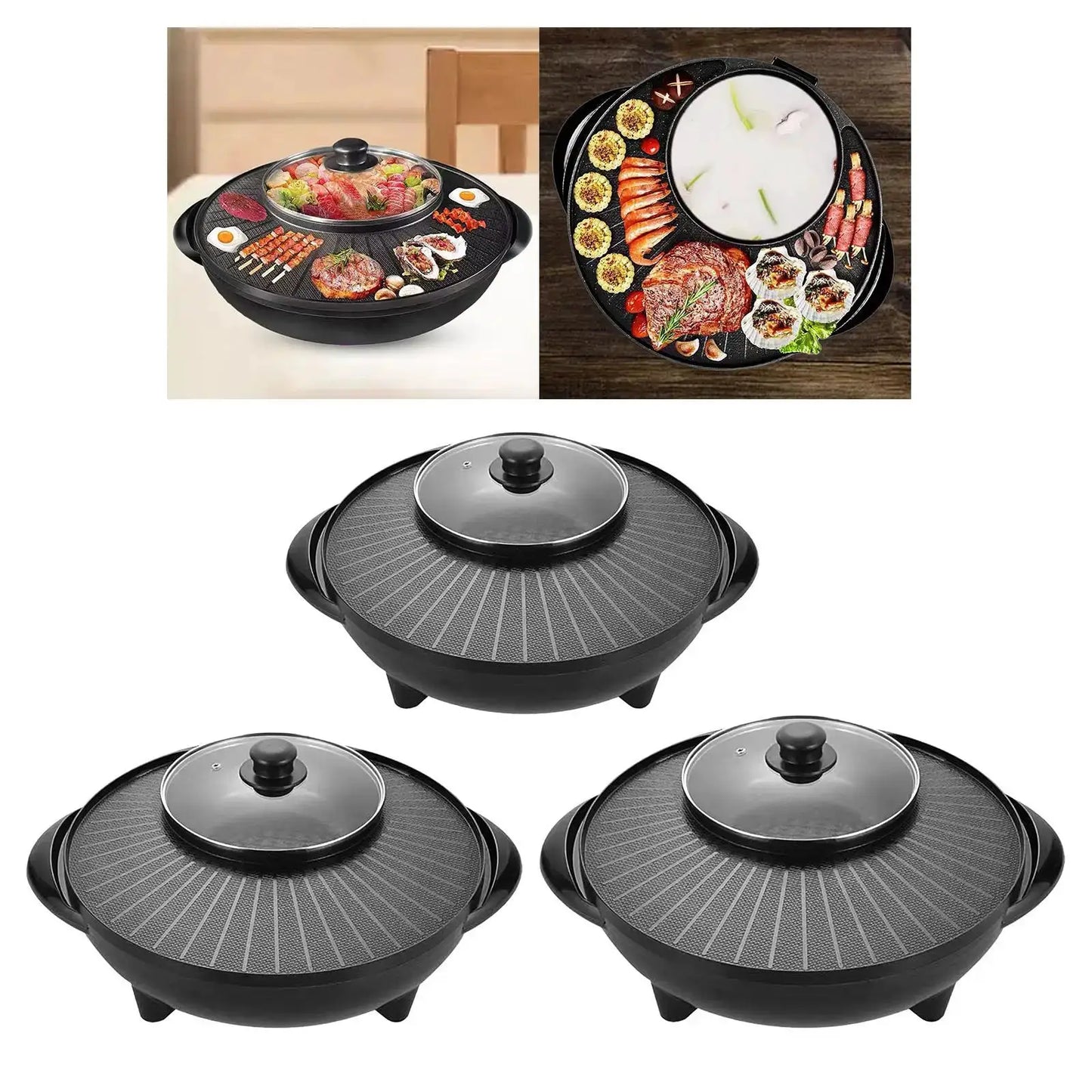Electric Grill | 2 In 1 With Hot Pot | Nonstick Round Griddle | Indoor Outdoor Camping