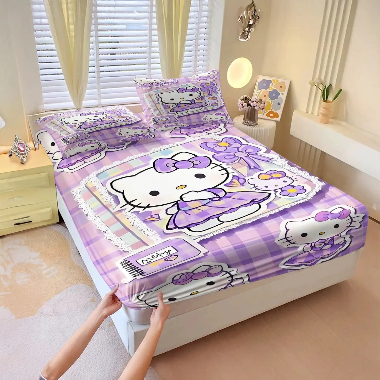 3Pcs Hello Kitty Fitted Sheet Set Purple Glitter Print with Pillowcases Cute Cartoon Fitted Sheet Set for Girls Bedroom Decor from PriceLows™