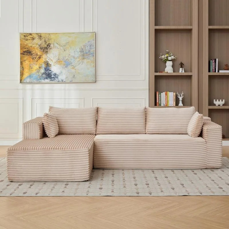 Sectional Sofa | L Shaped With Chaise | Beige Corduroy Fabric | Width Over 240cm