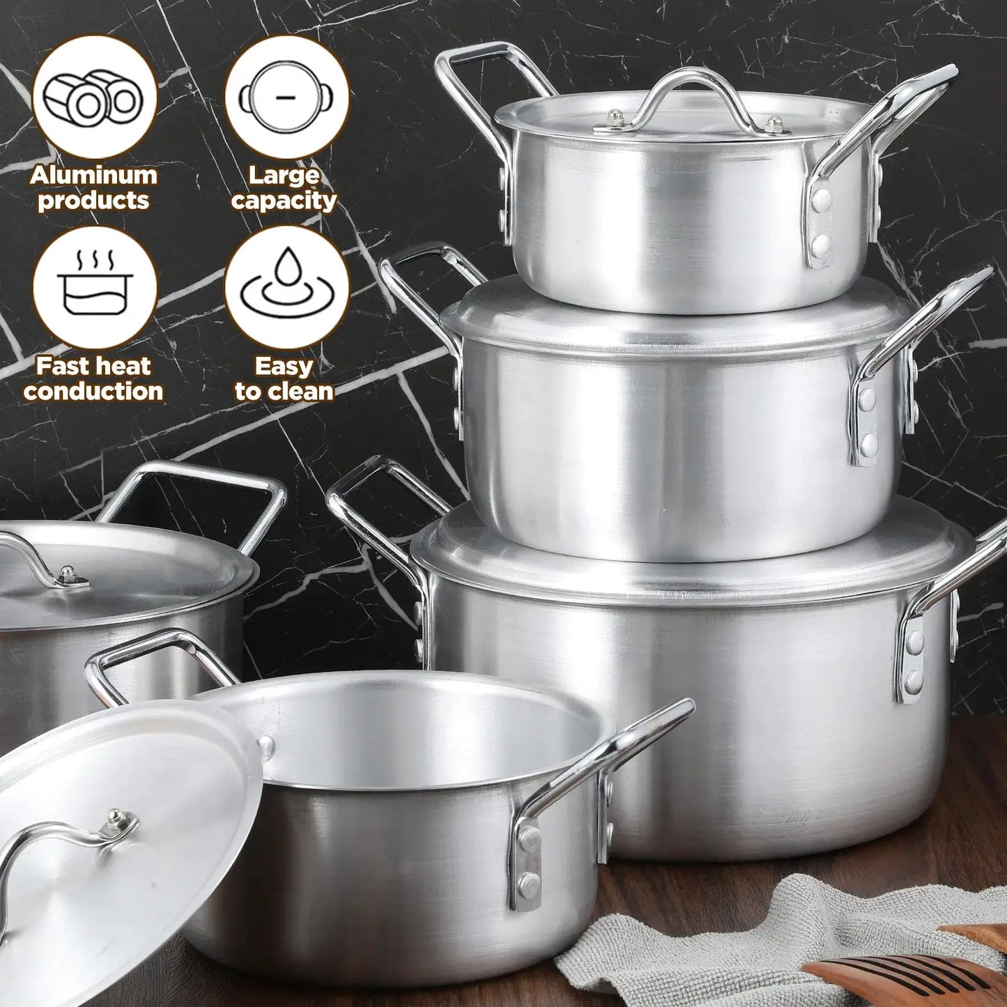 10pcs Aluminum Cookware Set - 5 Pots And 5 Lids (6.3/7.09/7.87/8.66/9.45inch), Sandblasted Non-Stick, Durable for Steaming/Boiling | Steamer, Kitchen Essentials from PriceLows™