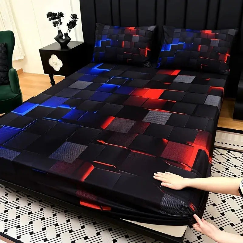 3pcs Cool Technology Digital Printing Material Plaid Fitted Sheet(1pc Bed Sheet+2pcs Pillowcase No Filling) Deep Pocket In 15 In from PriceLows™
