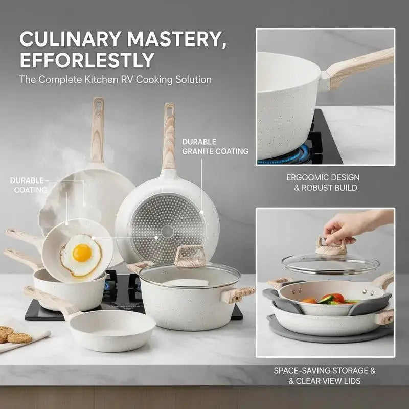 17 Piece Pots and Pans Set, Granite Nonstick Cookware Set, Induction Cookwares, Kitchen RV Cooking Sets with Frying, Sauce, Saute, Tempered Glass Lids, and Pan Protectors, White from PriceLows™