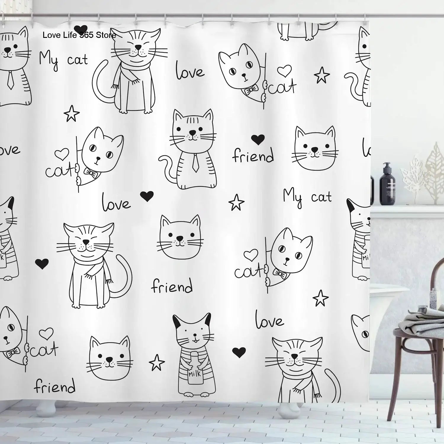 Cute Cat Pattern Shower Curtain - Fun Cartoon Design for Playful Bathroom Décor, Waterproof, Easy Care & Soft Fabric from PriceLows™