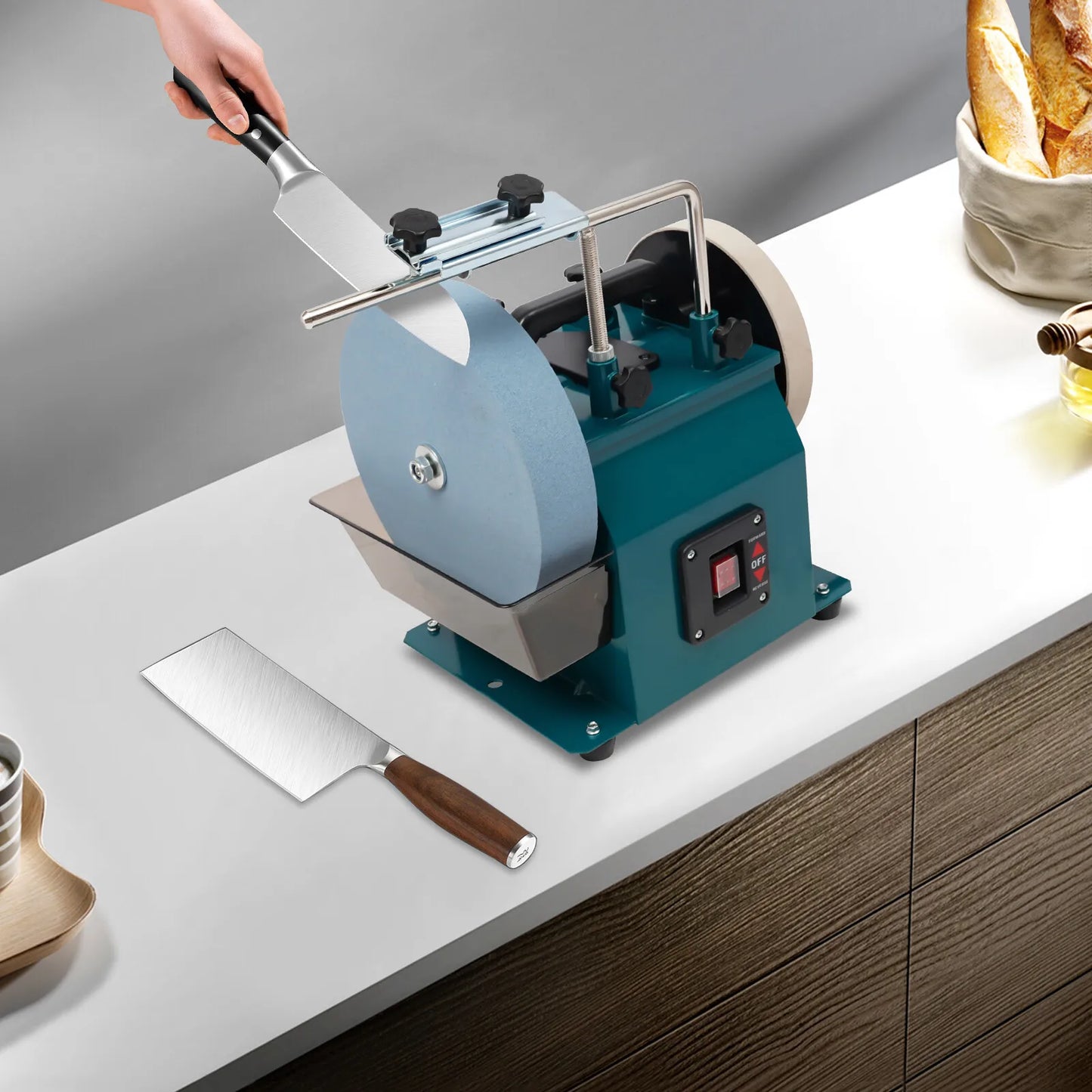 Electric Knife Sharpener for Kitchen and Woodworking Wet Stone Grinder with 10 Inch 220 Grit Wheel and Leather Strop from PriceLows™