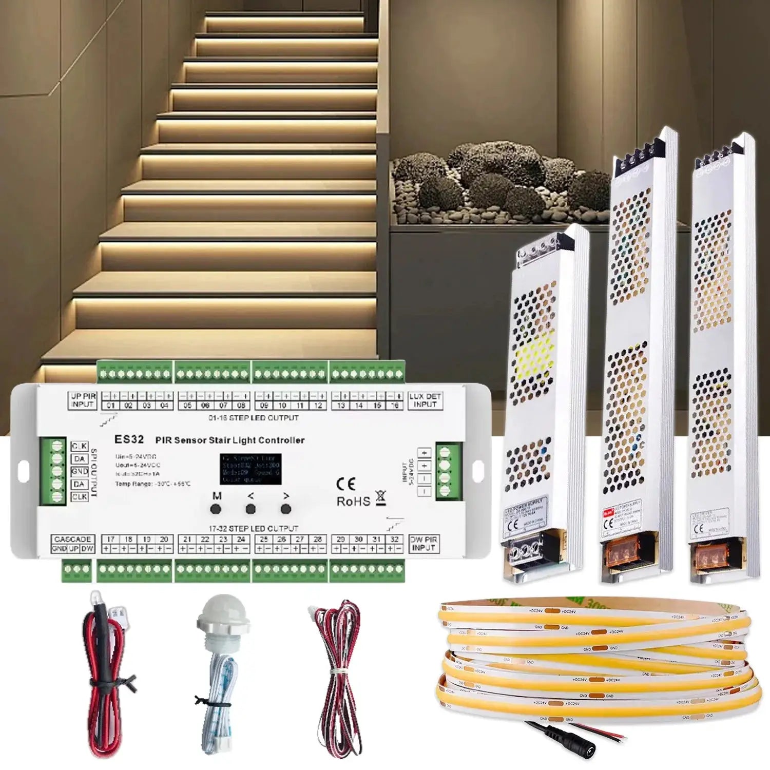 ES32 32CH Stair LED Controller PIR Motion Sensor Single Color 2CH Pixel SPI RGB LED Strip Dimmer 8-32 Steps Stairway Controller from PriceLows™