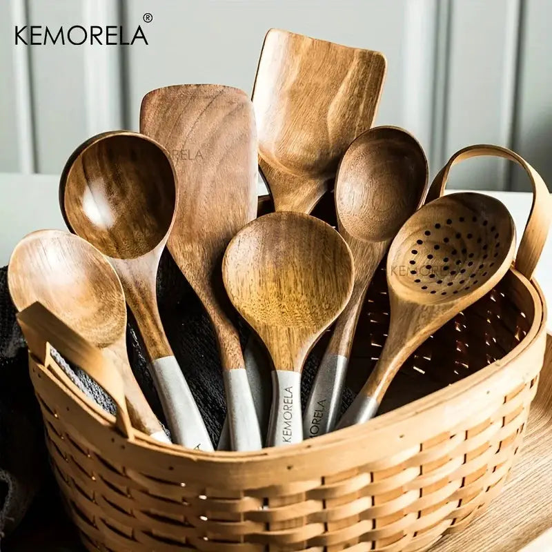 KEMORELA 9PCS Acacia Wooden Cooking Utensils Wooden Spoons for Kitchen with Utensils Holder and Rest Spatula Slotted Spoon from PriceLows™