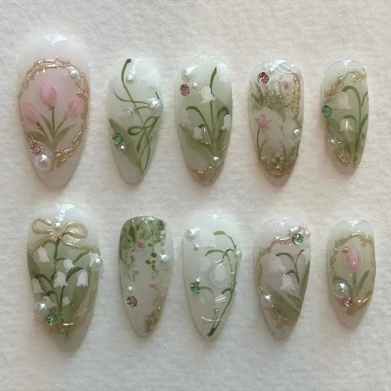 Almond Press On Nails | Acrylic Finish | Pearl Flower Design | 24 Piece Set