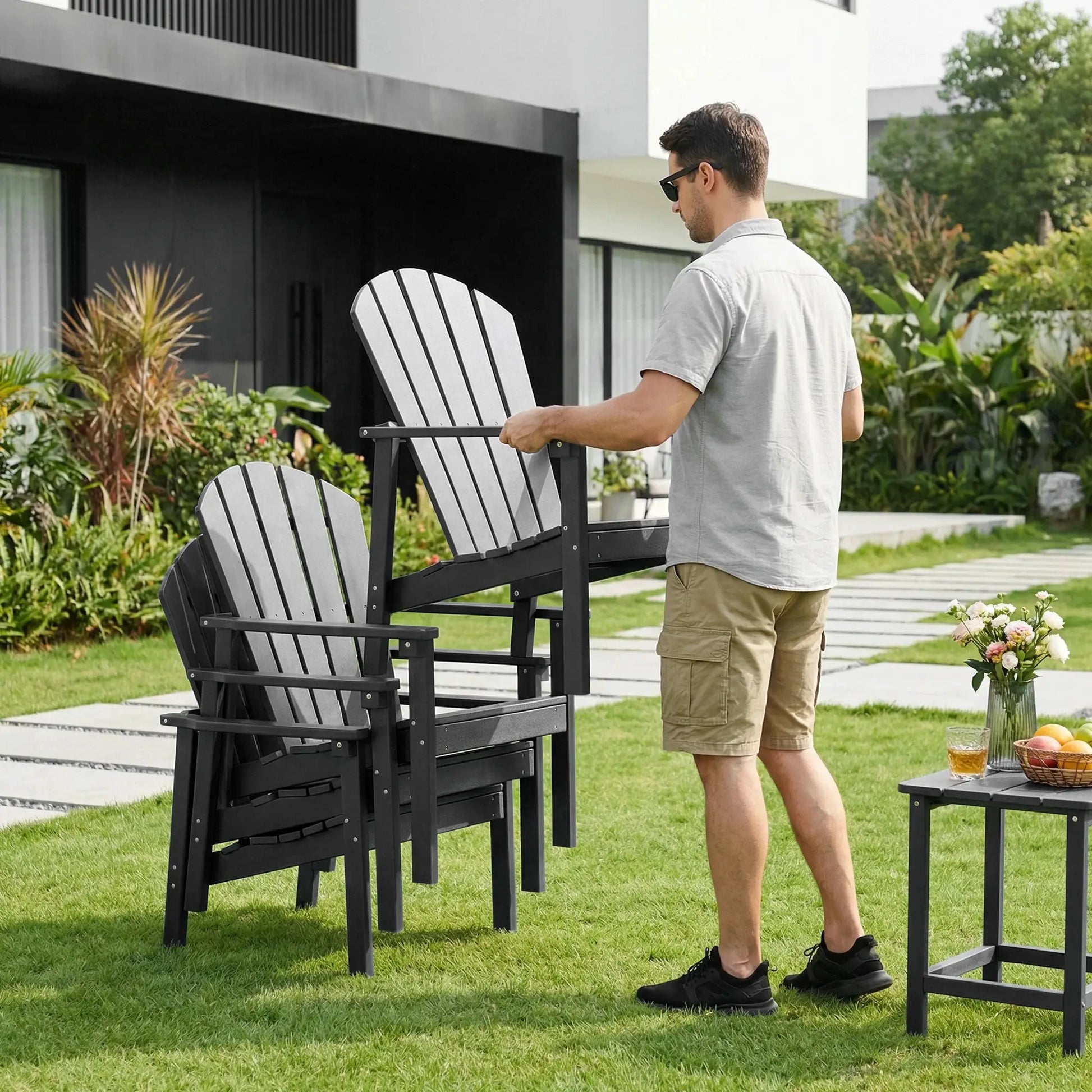 FOOWIN 4pcs Stackable Adirondack Chair All Weather HDPE Plastic Outdoor Patio Garden Fire Pit Lawn Heavy Duty Black from PriceLows™