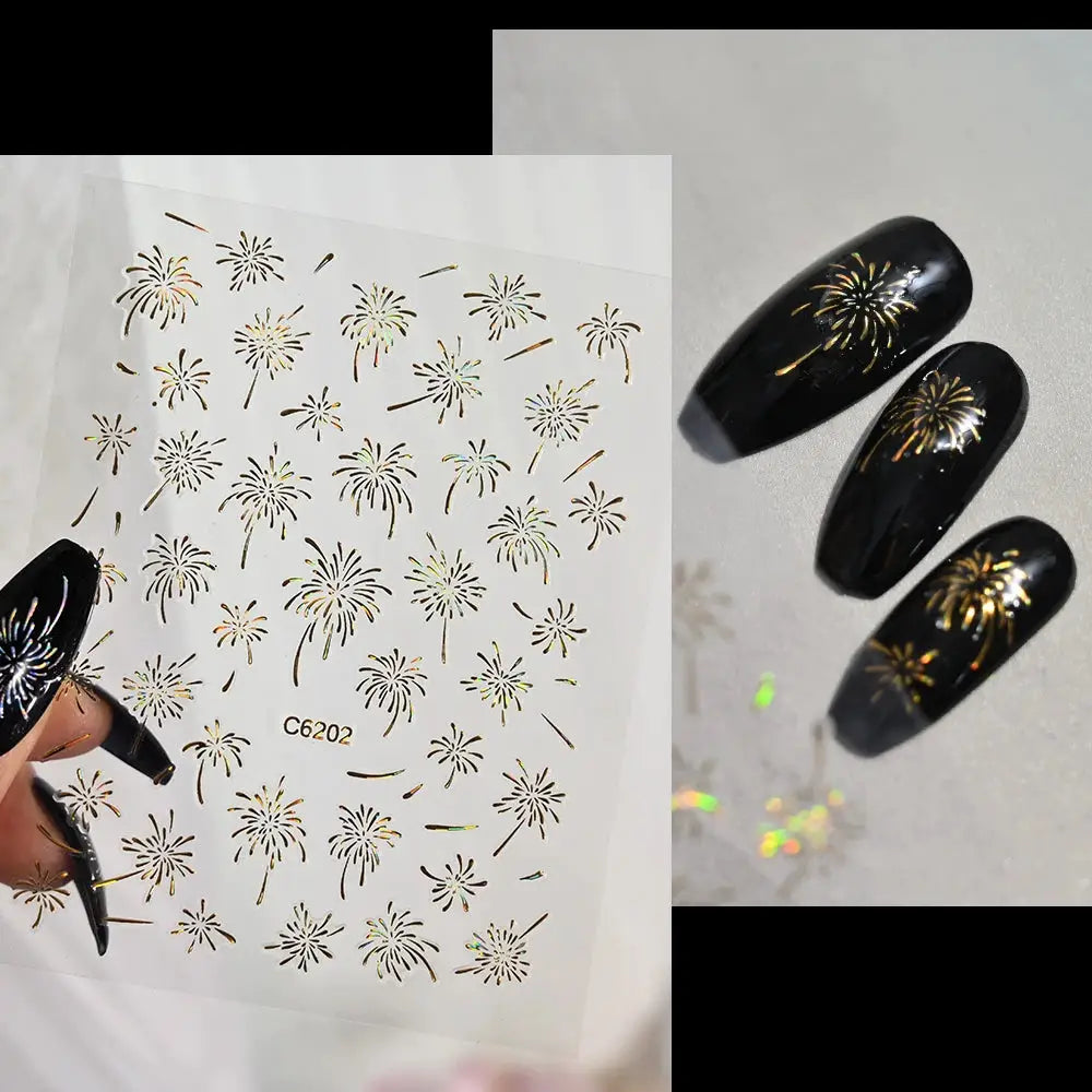 1PC Laser Fire work Nail Stickers 3D Self-Adhesive Blooming Fire-work Nail Decals New Year Firework Design Nail Slider 10*8cm from PriceLows™
