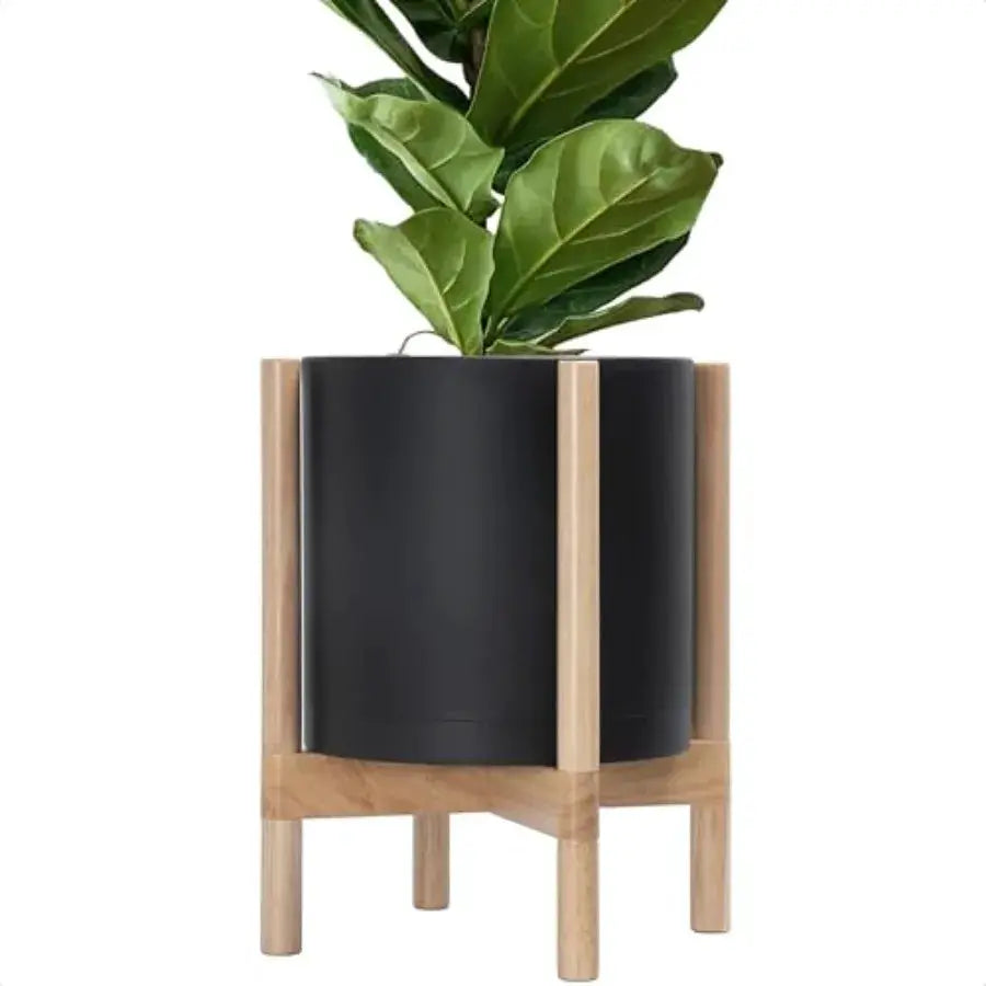 12 Inch Plastic Cylinder Planter Pot with Wooden Stand for Indoor Use Matte Black Pot + Natural Wood Holder Modern Decorative F from PriceLows™