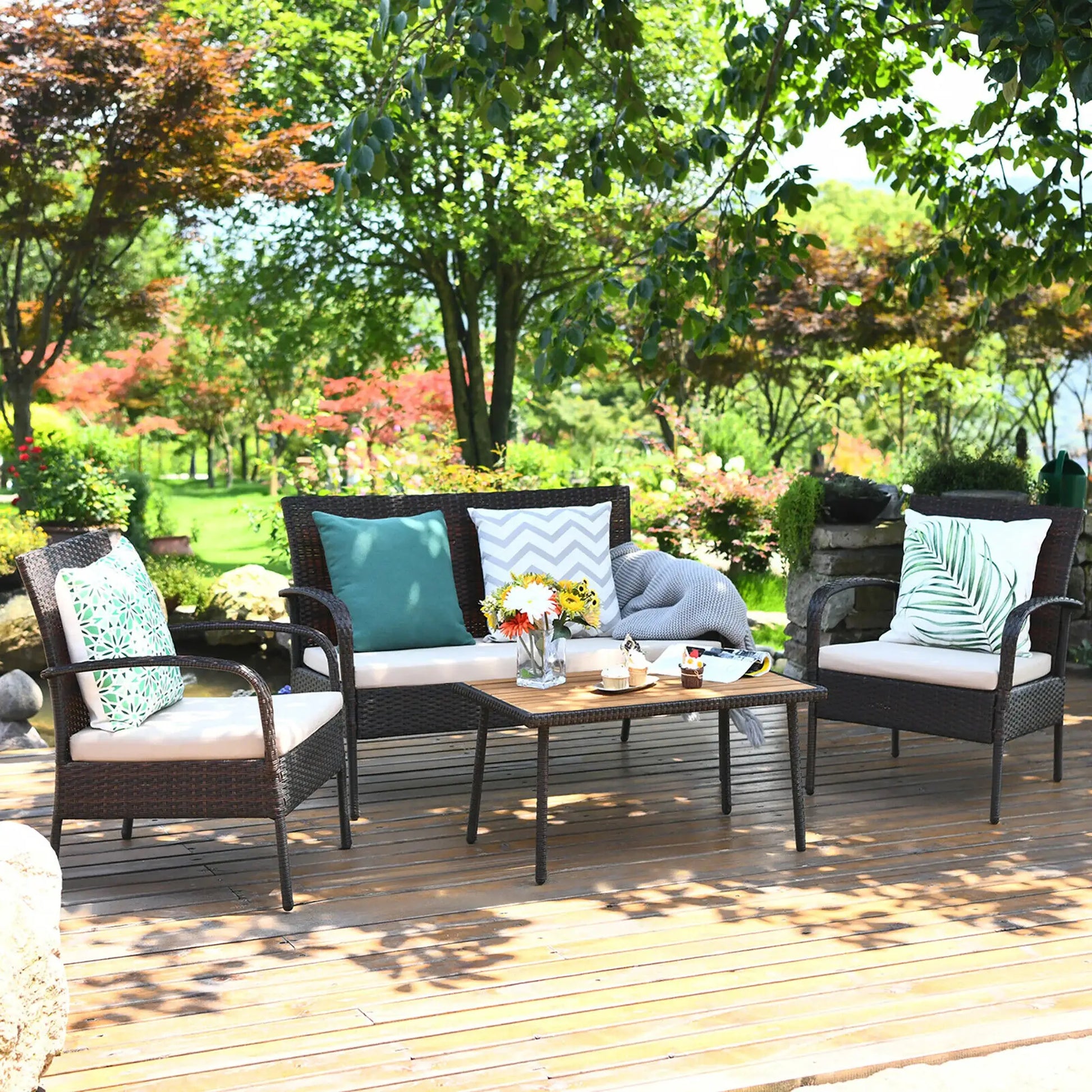 4PCS Patio Rattan Furniture Set Outdoor Conversation Set Coffee Table w/Cushions from PriceLows™