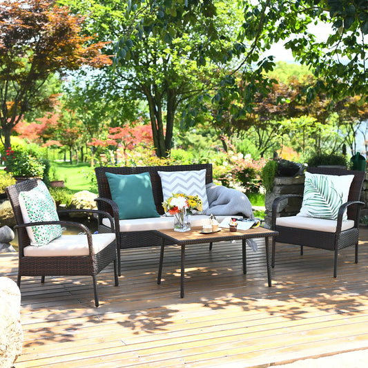 4PCS Patio Rattan Furniture Set Outdoor Conversation Set Coffee Table w/Cushions from PriceLows™