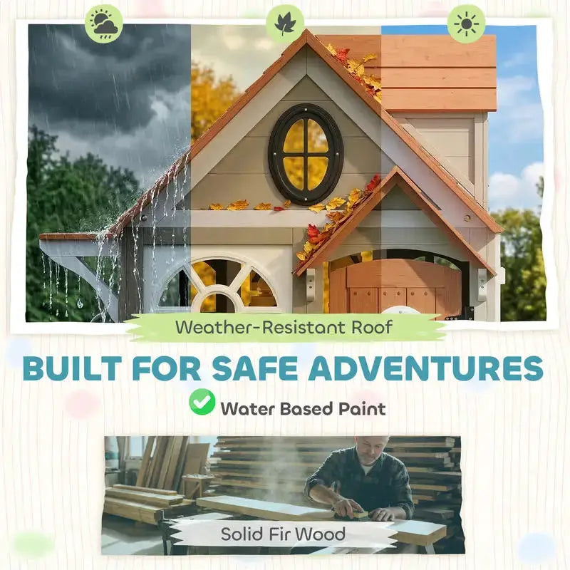 Qaba Outdoor Playhouse, Wooden Kids Playhouse with Dog Door, Cookware, Blackboard, Clock, Tic-Tac-Toe Roller for Backyard from PriceLows™
