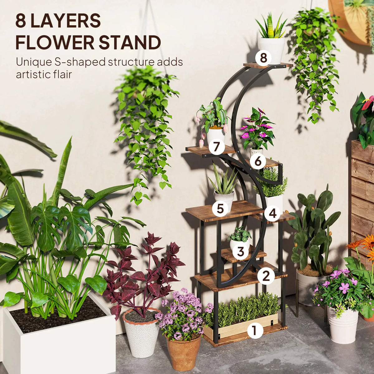Indoor Plant Stand | 8 Tier S Shaped | Metal Frame | 62 Inch