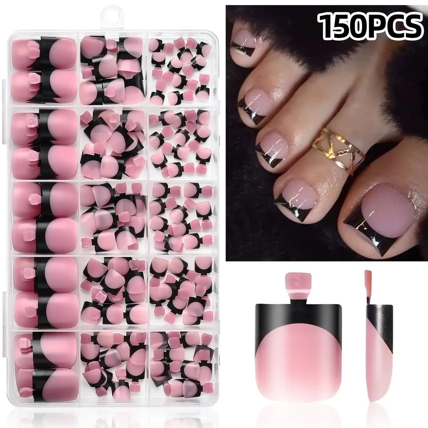 Press On Toenails | Short Square Shape | French White Tips | 150 Pcs Set