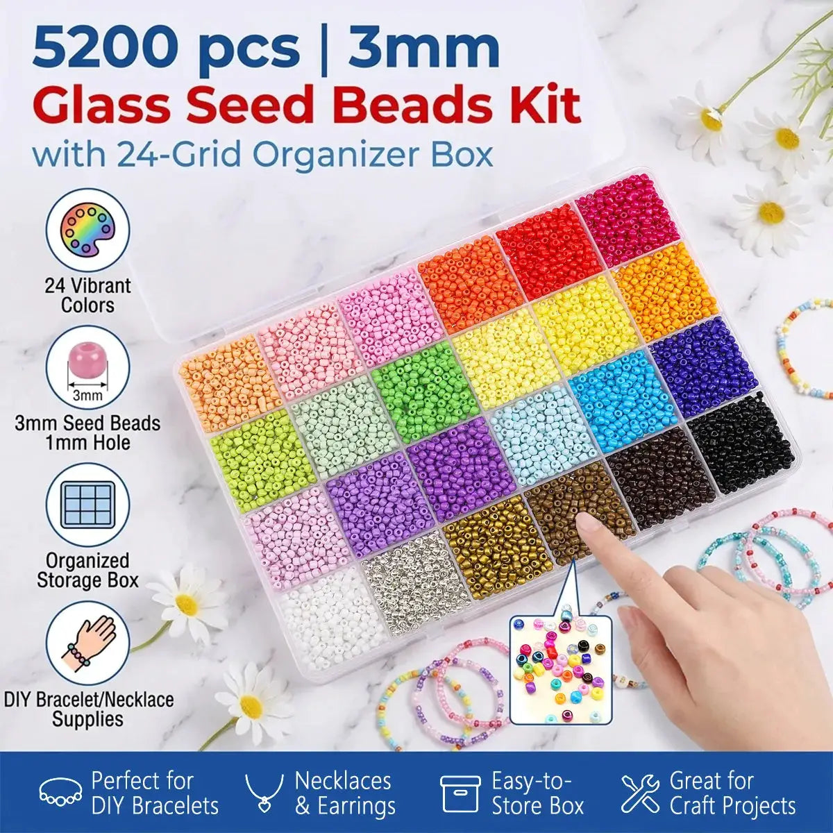 Glass Seed Beads Kit | 5200 Pc | 3mm Round | 24 Grid Box