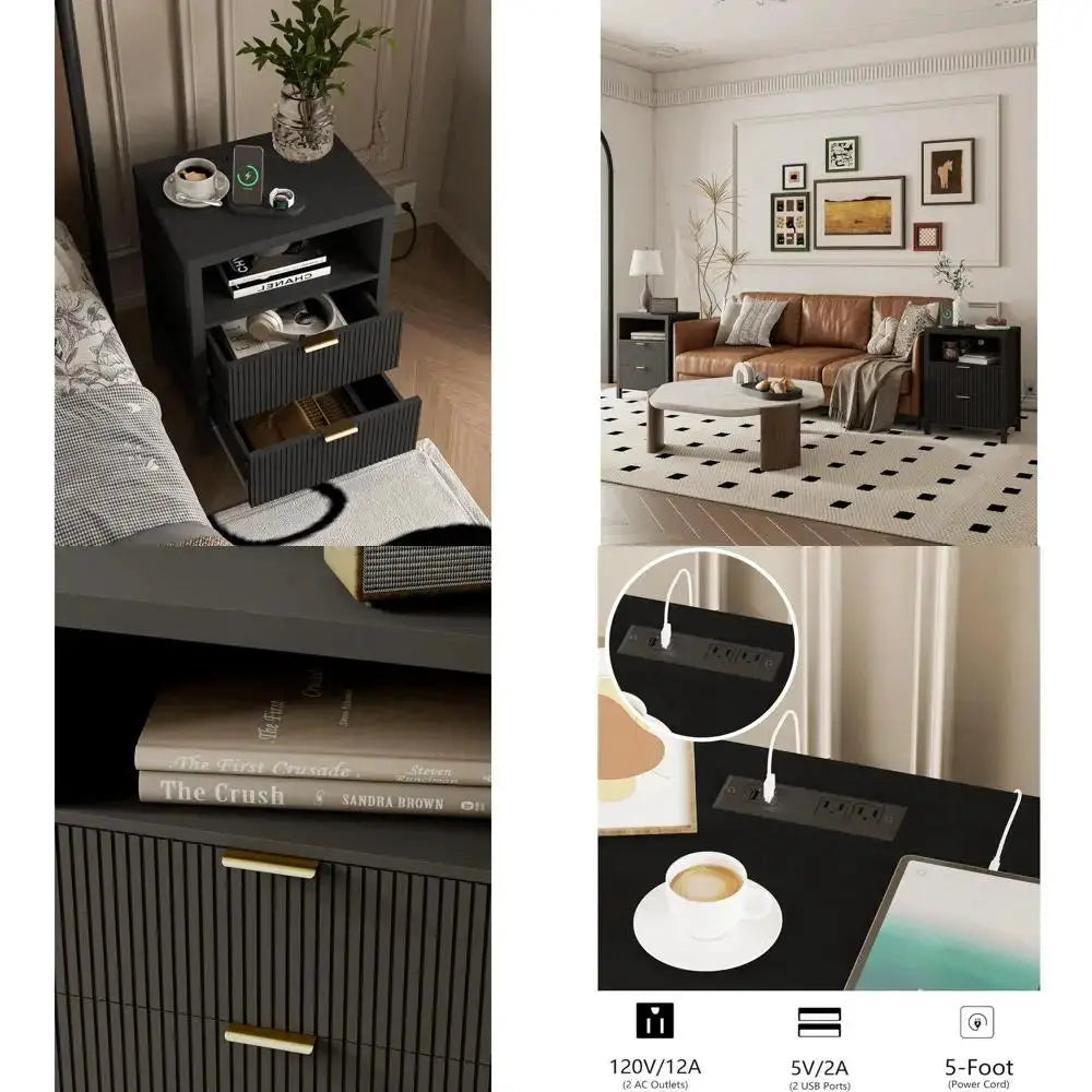 Black Charging Station Nightstand & 2 Storage Bedside Tables for Bedroom and Living Room from PriceLows™