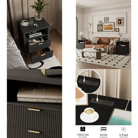 Black Charging Station Nightstand & 2 Storage Bedside Tables for Bedroom and Living Room from PriceLows™