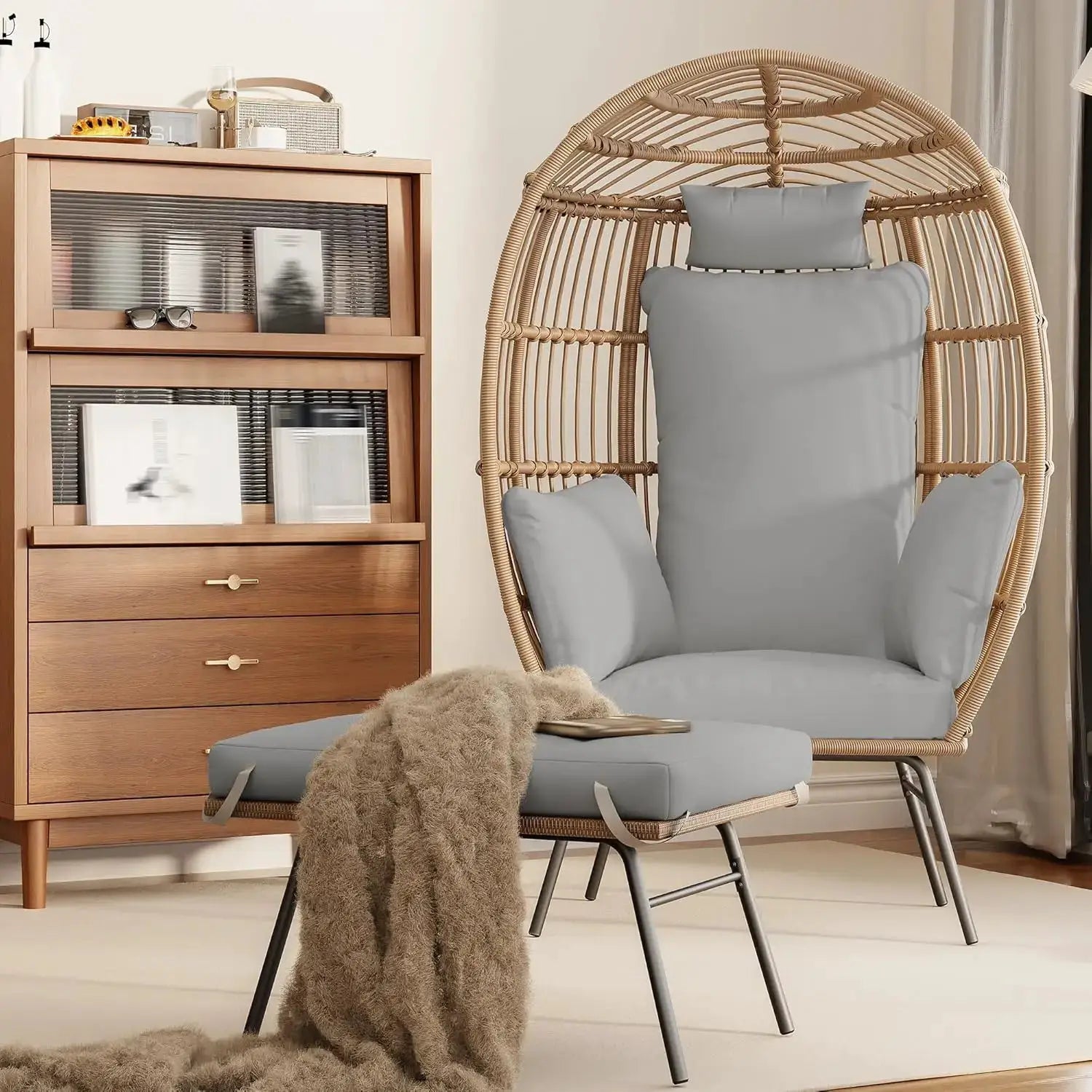 Wicker Egg Chair with Ottoman, Waterproof UV Resistant Patio Lounge Chair with Cushions, Accent Furniture for Garden, Balcony from PriceLows™