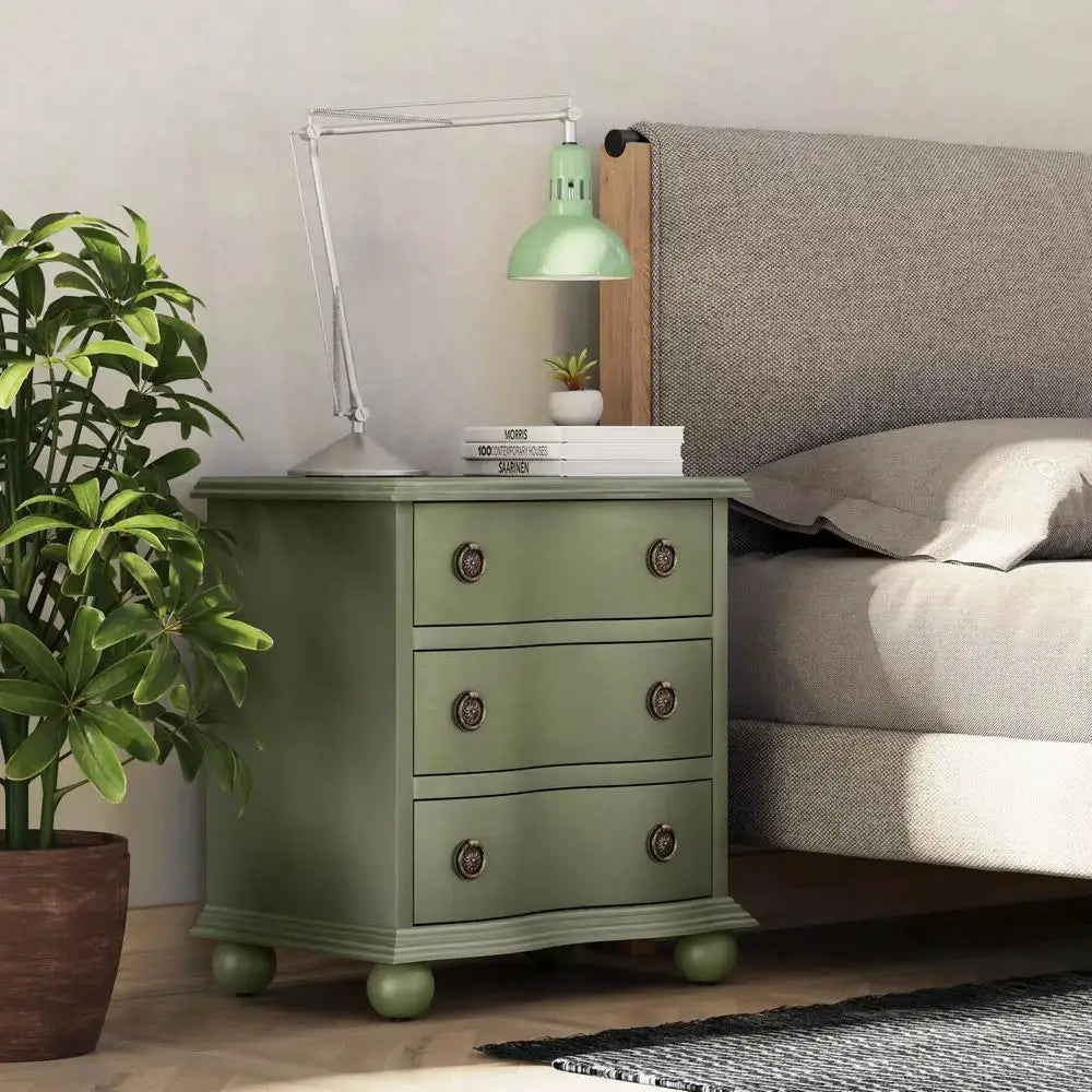 Farmhouse 3 Drawer Nightstand with Distressed Wood Finish, Rustic Vintage Small Dresser with Curved Front Design, Solid Pine Ba from PriceLows™