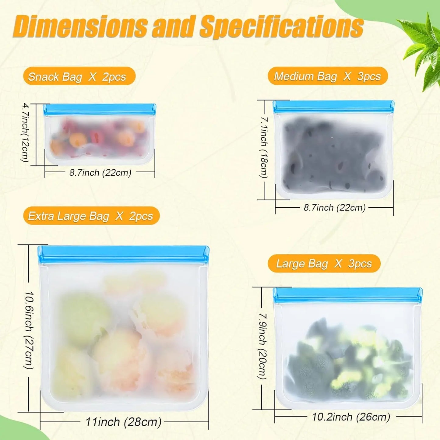 Reusable Silicone Food Storage Bags | Leak Proof | Dishwasher Safe | 4 Sizes