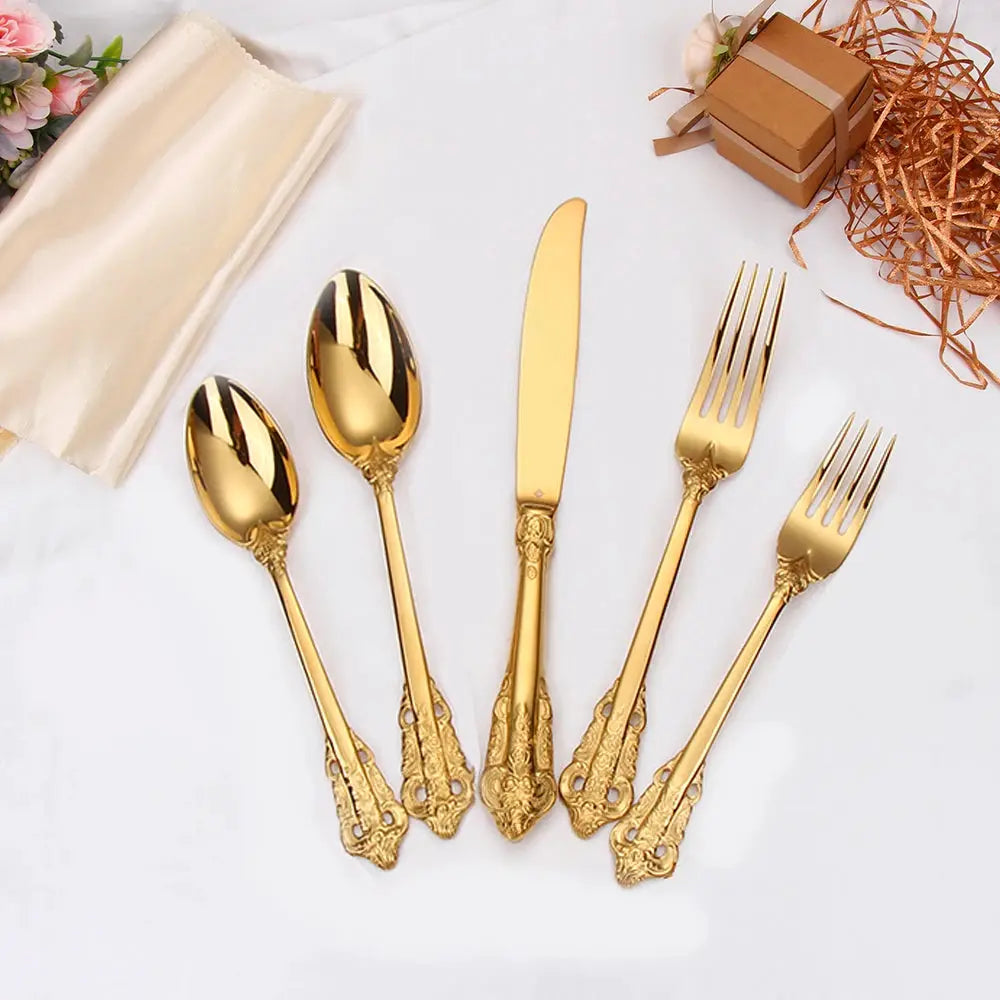 30 Pieces Gold Plated Luxury Cutlery Set Stainless Steel Vintage Western Tableware Sliver Knife Spoon Fork Set Kitchen Utensils from PriceLows™
