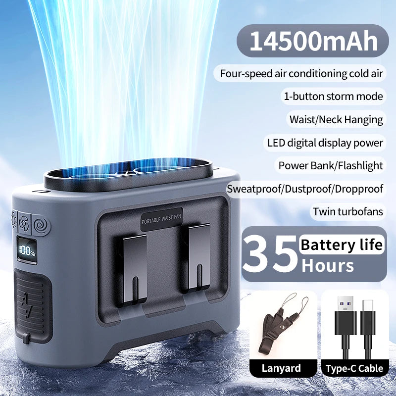 Wearable Neck Fan | 14500mAh Battery | Waist/Neck Mount, CE RoHS | One Size