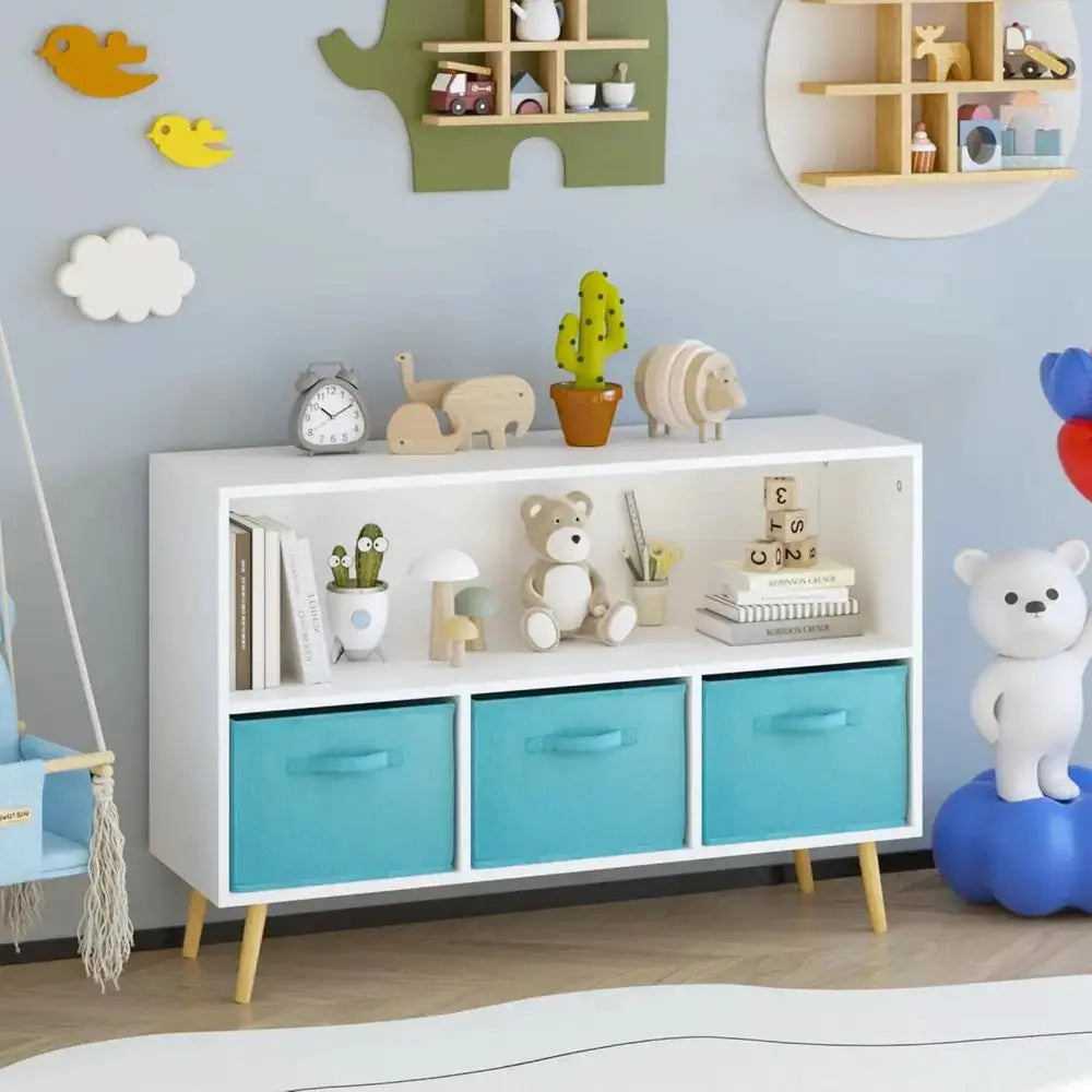 Collapsible 3-Tier Fabric Bookshelf for Kids, Multi-Cubby Wooden Storage Organizer, Playroom Display Rack in White/Blue from PriceLows™