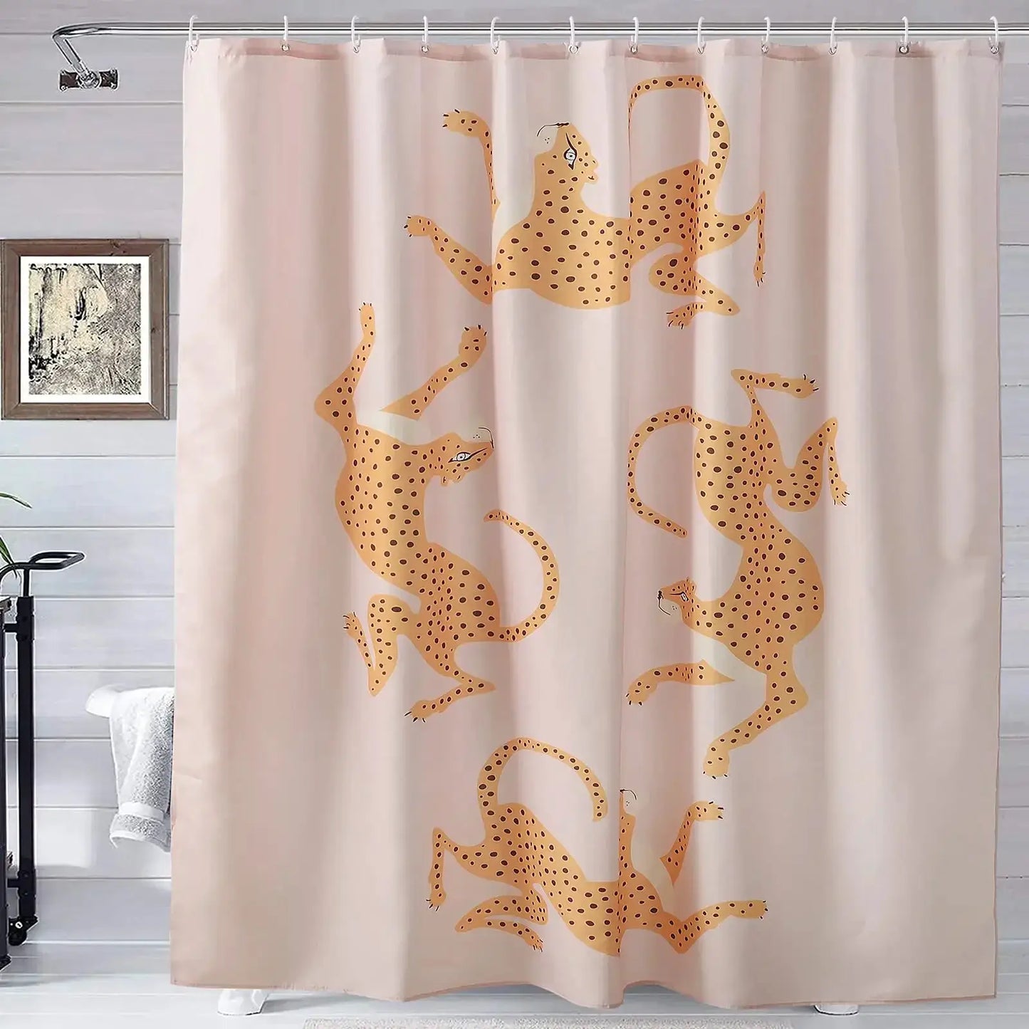 Boho Cheetah Shower Curtain,Tropical Leopard Wildlife Bath Curtain,Modern Pink Aesthetic Moon Phase Blue Floral Bathroom Curtain from PriceLows™