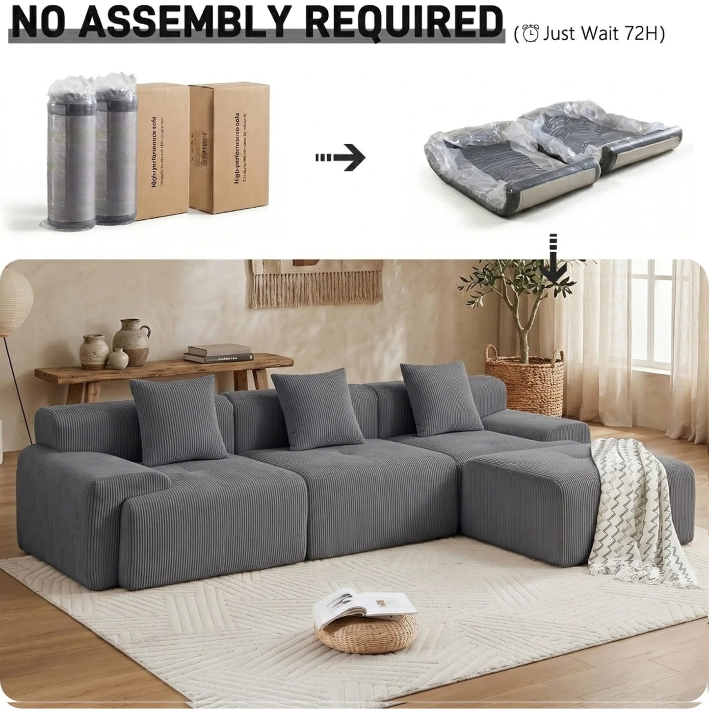 Modular Sectional Sofa | 118 Inch | L Shaped With Movable Ottoman | Beige