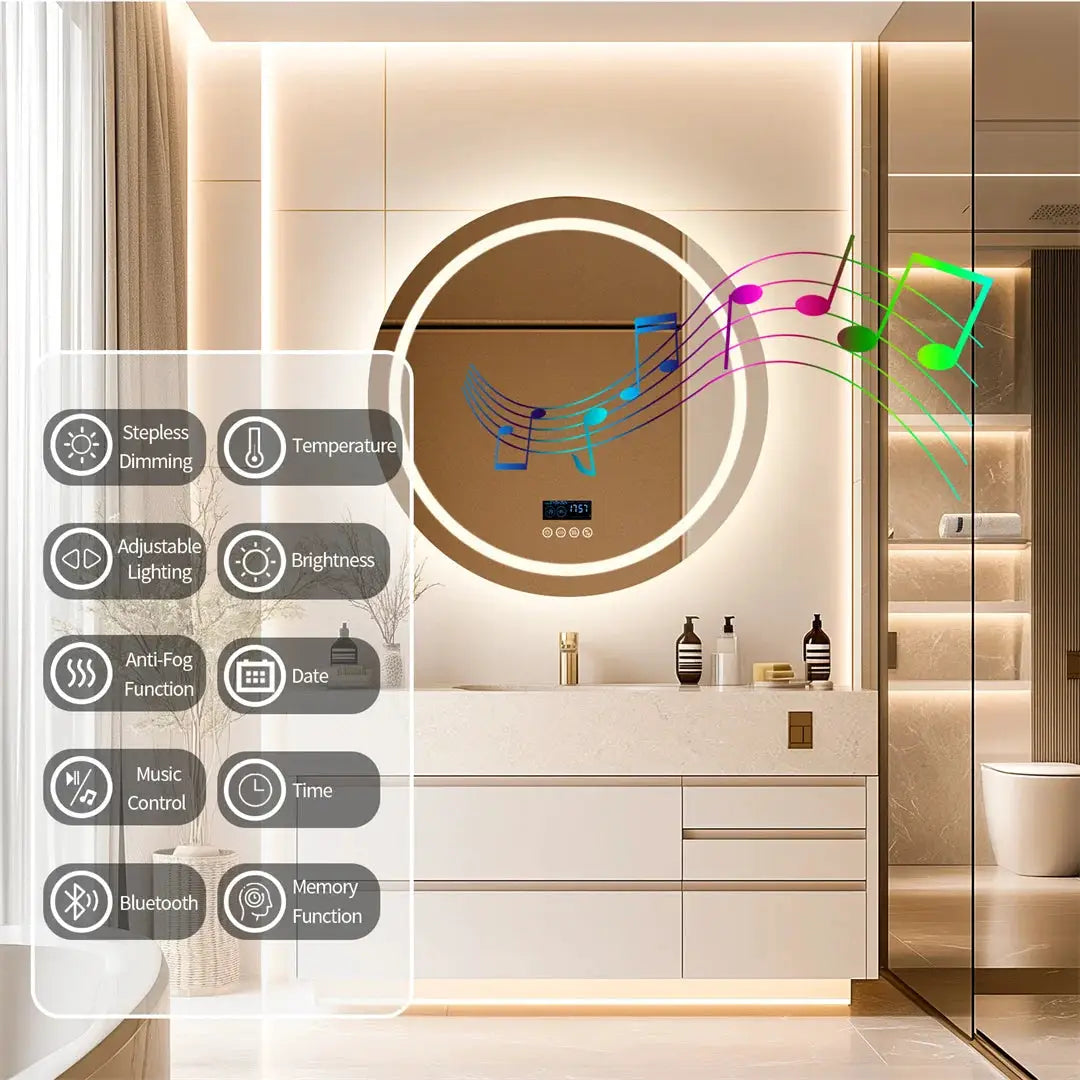 LUVODI Round Bathroom Mirror with Dual Bluetooth Speakers Anti-Fog Lighted Shower Vanity Mirror with Time Weather Display from PriceLows™