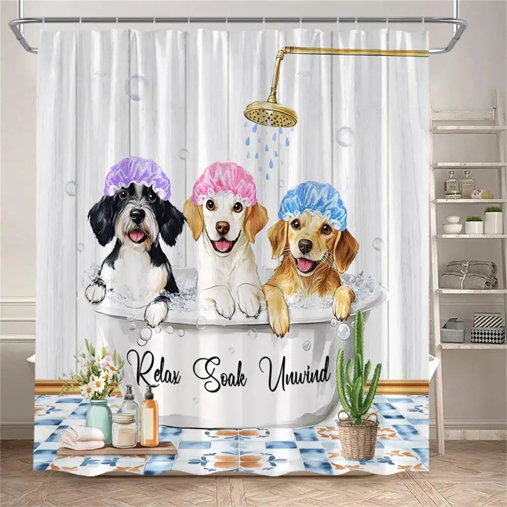 Funny Bathing Dogs Shower Curtain Bathtub Wash Your Paws Cute Pet Cartoon Animals Bath Curtains Fabric Bathroom Decor with Hooks from PriceLows™