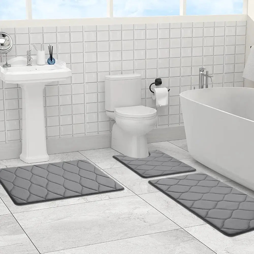 Super Soft Non-Slip Bath Mat Set of 3 - Water Absorbent, Washable Ogee Design, Dark Grey from PriceLows™