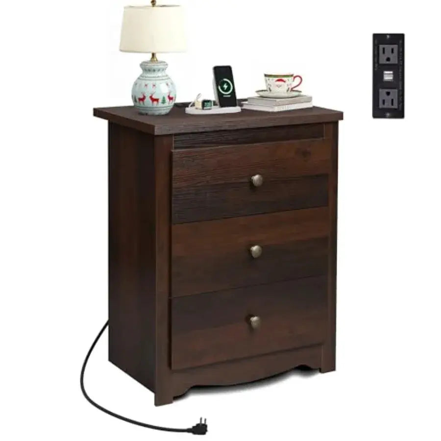 Tall Nightstand with Charging Station, Wood Night Stand with 3 Drawers Storage, Bedside Table End Side Tables with 2 USB Ports from PriceLows™