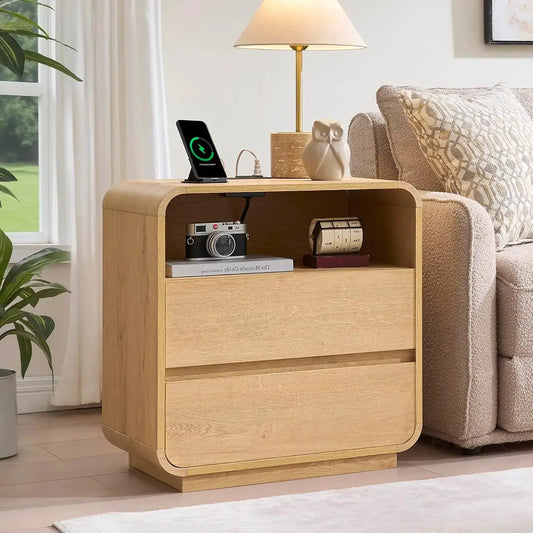 Curved Night Stand Set of 2, 23.2" Large Wood Farmhouse Nightstand with Charging Station & 2 Storage Drawers Bedside Table, Modern End Table for Bedroom, Living Room, Natural from PriceLows™