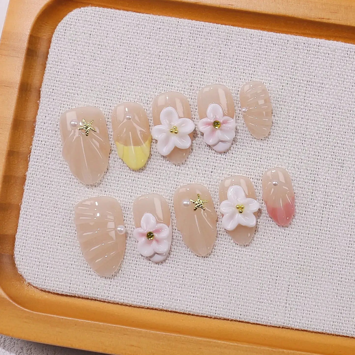 Press On Nails | 3D Flower Almond | Handmade Ballet Grey | 10 Piece Set