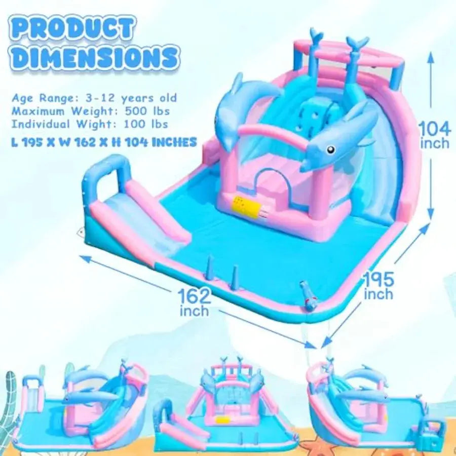 Inflatable Water Slide Dolphin Bounce House for 3-12 Blue Water Park with Blower Splash Pool Climbing Wall Water Cannon Bouncy from PriceLows™