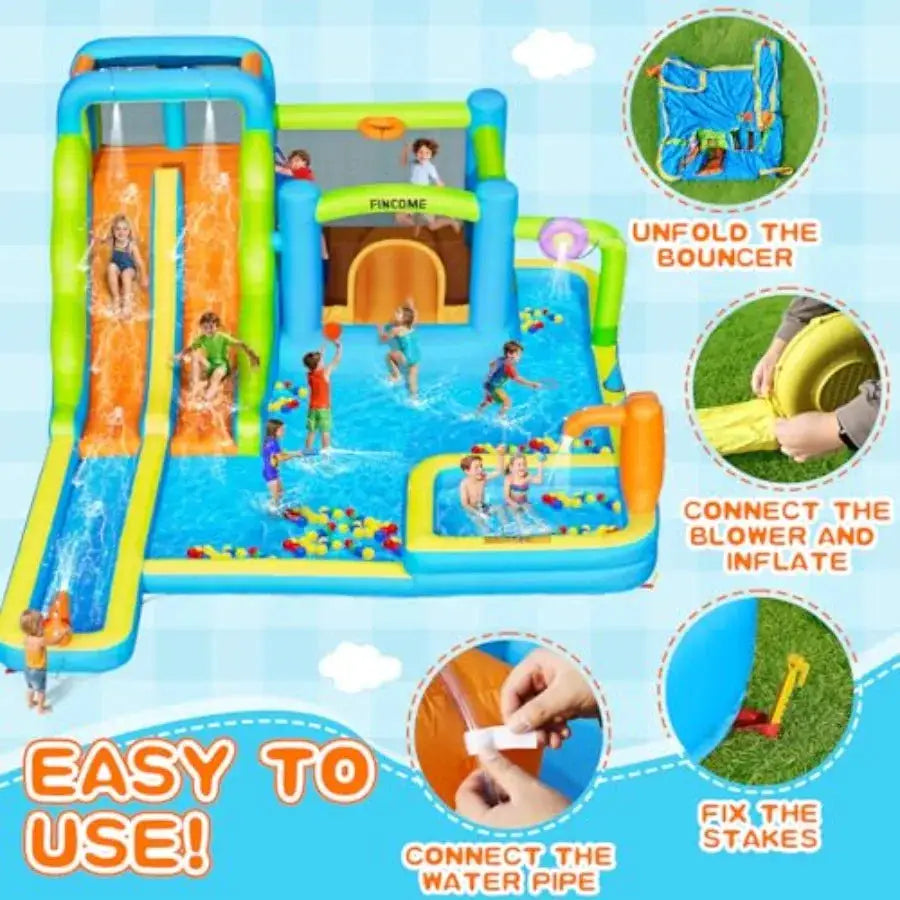 Large Inflatable Water Bouncy Castle with Double Slide for 3-10 Blue and Yellow Water Bounce House with Long Slide and Air Blow from PriceLows™