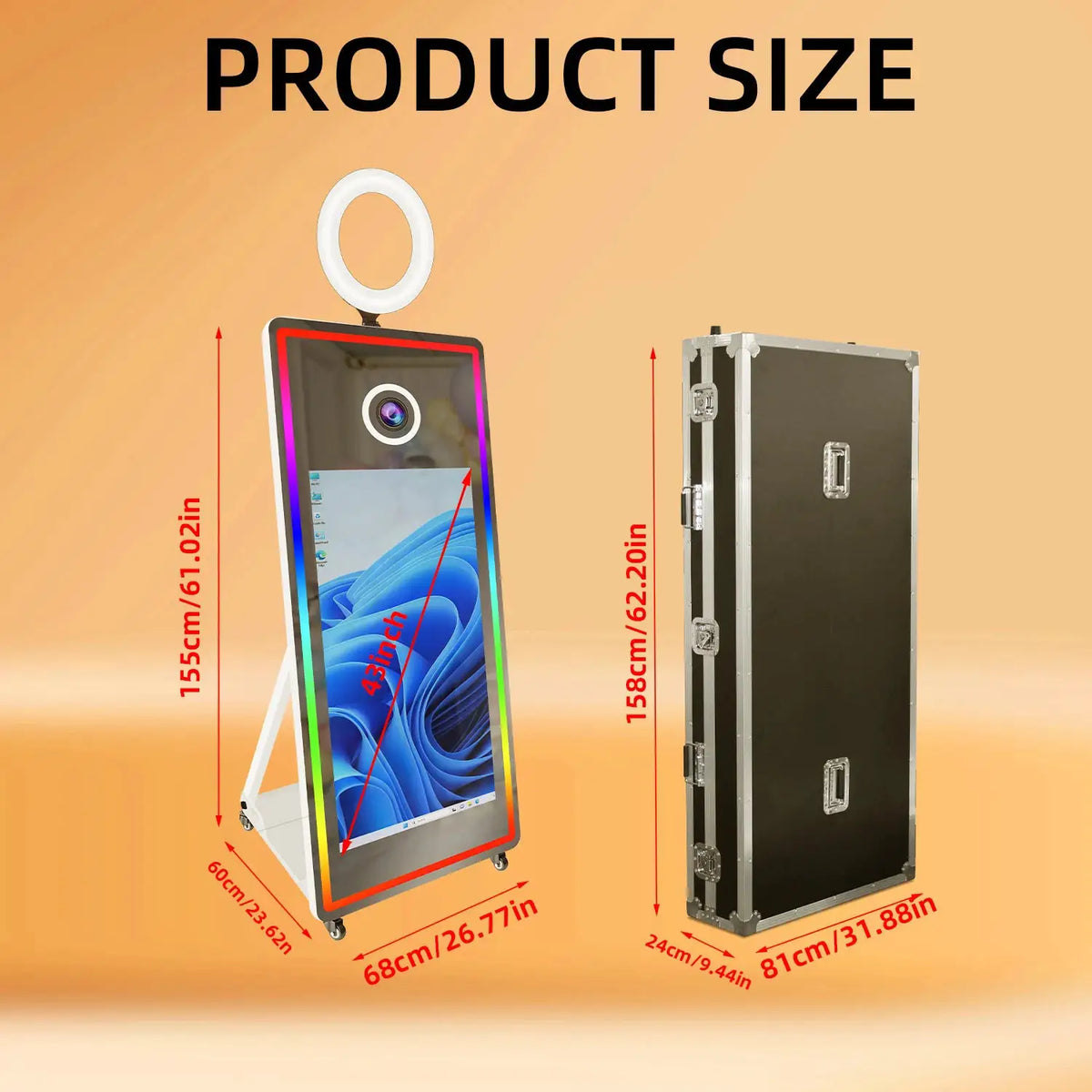 Magic Mirror Photo Booth | 65 Inch Frame | 43 Inch Touchscreen | LED Lighting